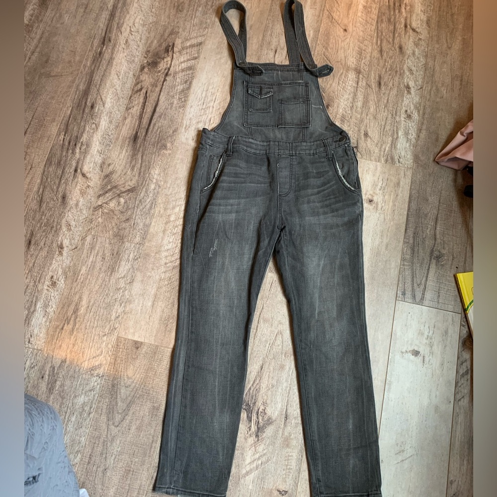 Free People Black Grey Wash Overalls 28 denim mineral slim fit stretchy adjust